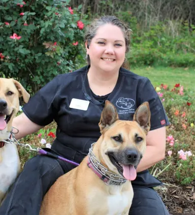 Libby with two dogs at Stuebner Airline Veterinary Hospital